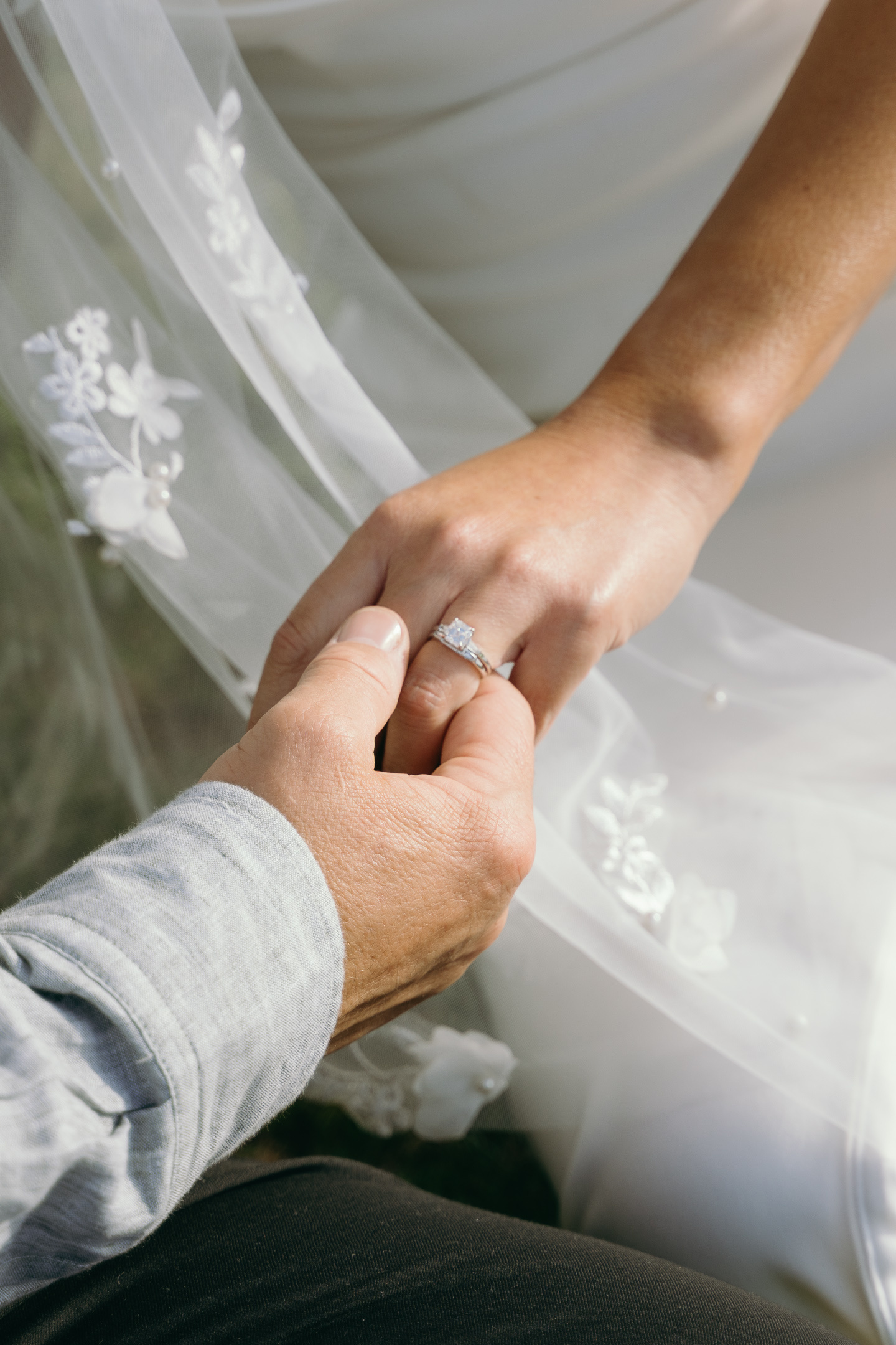 A close-up of the couple holding hands