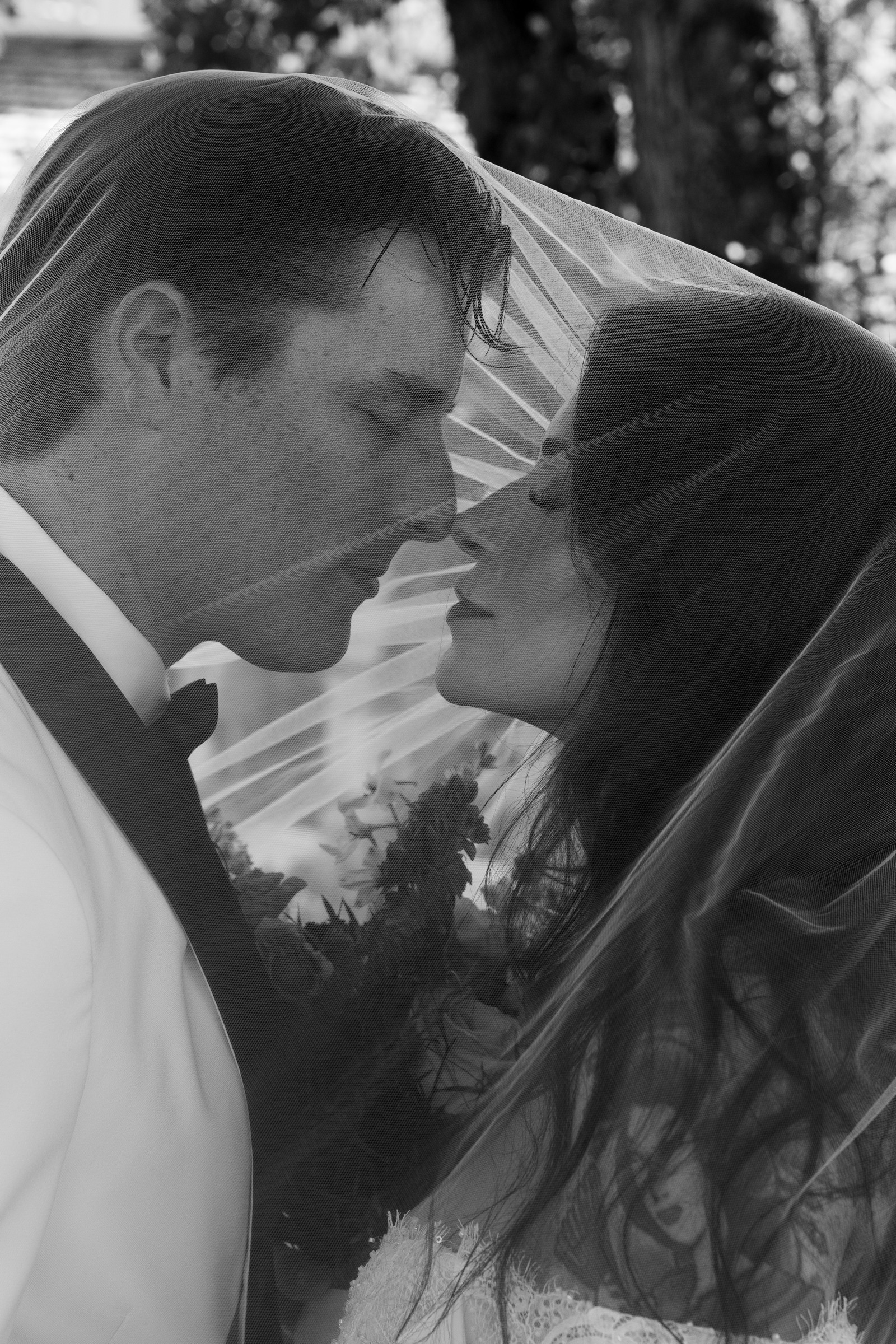 Erin and Julian sharing a kiss beneath the bridal veil